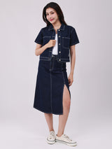 เสื้อเชิ้ตแขนสั้นผู้หญิง CROP FIT สียีนส์เข้ม