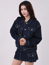 เสื้อแจ็คเก็ตผู้หญิง ทรงตรง สียีนส์เข้ม