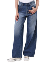 WIDE LEG FIT HIGH RISE RELAXED WOMEN'S JEANS MID INDIGO