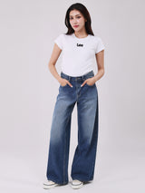 WIDE LEG FIT HIGH RISE RELAXED WOMEN'S JEANS MID INDIGO