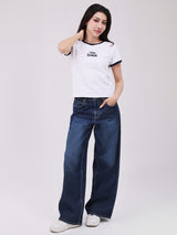 WIDE LEG FIT HIGH RISE RELAXED WOMEN'S JEANS DARK INDIGO