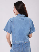 เสื้อเชิ้ตแขนสั้นผู้หญิง CROPPED FIT สียีนส์อ่อน