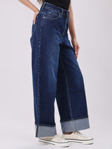 WIDE LEG FIT HIGH RISE RELAXED WOMEN'S JEANS DARK INDIGO
