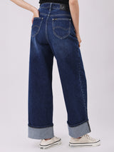 WIDE LEG FIT HIGH RISE RELAXED WOMEN'S JEANS DARK INDIGO