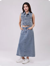 เสื้อกั๊กผู้หญิง CROPPED FIT สียีนส์อ่อน