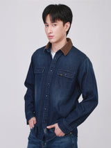 เสื้อเชิ้ตยีนส์แขนยาวผู้ชาย ทรงตรง สียีนส์เข้ม