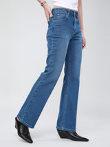 กางเกงยีนส์ผู้หญิง BOOTCUT FIT เอวสูง ทรงตรง-ขาม้า สียีนส์อ่อน