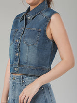 เสื้อกั๊กผู้หญิง คอลเลคชั่น WINTER LOVE LEE CROPPED FIT สียีนส์กลาง