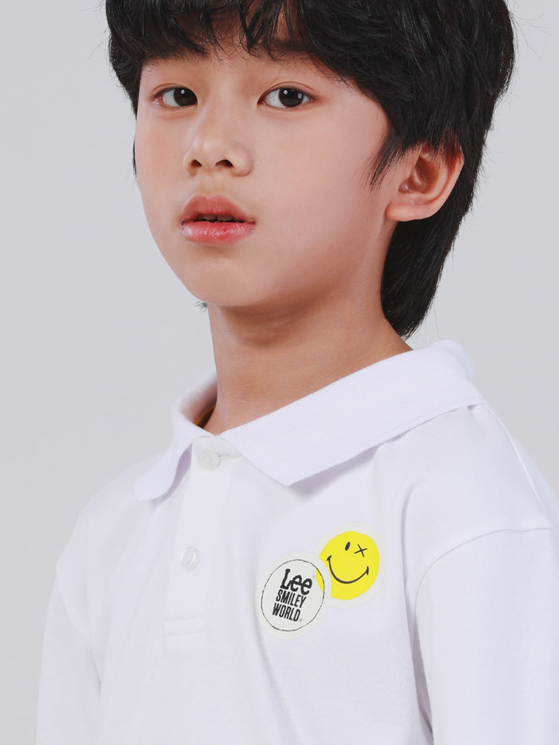 เสื่อโปโลแขนยาวเด็กผู้ชาย คอลเลคชั่น LEE SMILEY ทรงตรง สีขาว