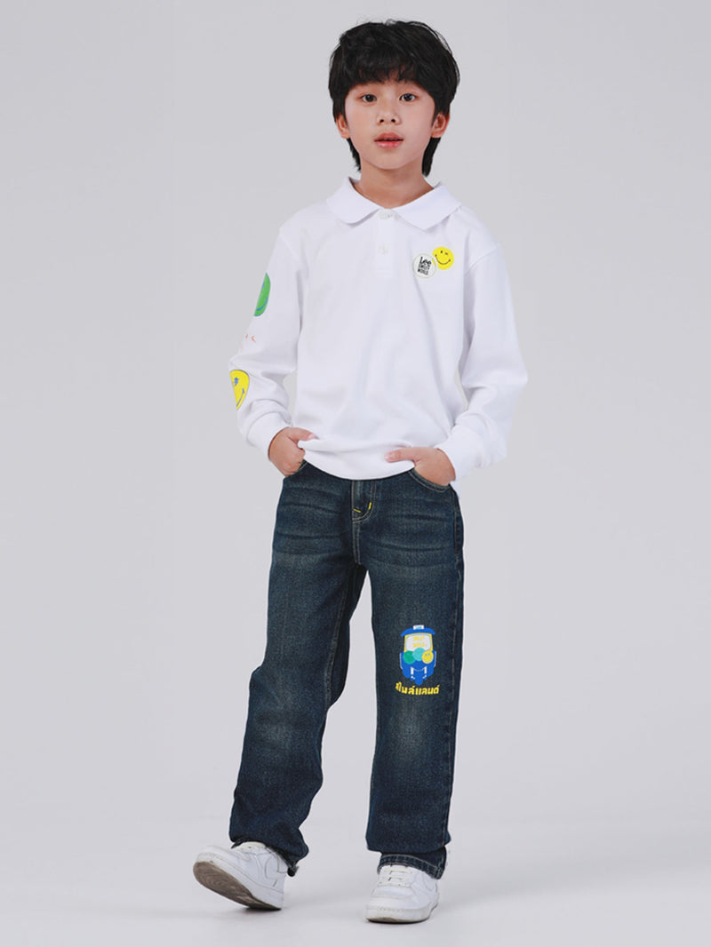 เสื่อโปโลแขนยาวเด็กผู้ชาย คอลเลคชั่น LEE SMILEY ทรงตรง สีขาว